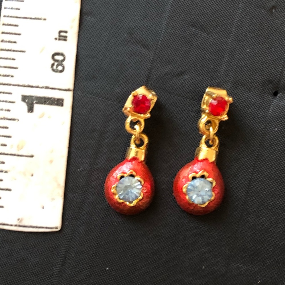 Red gold Christmas tree ornament enamel earrings